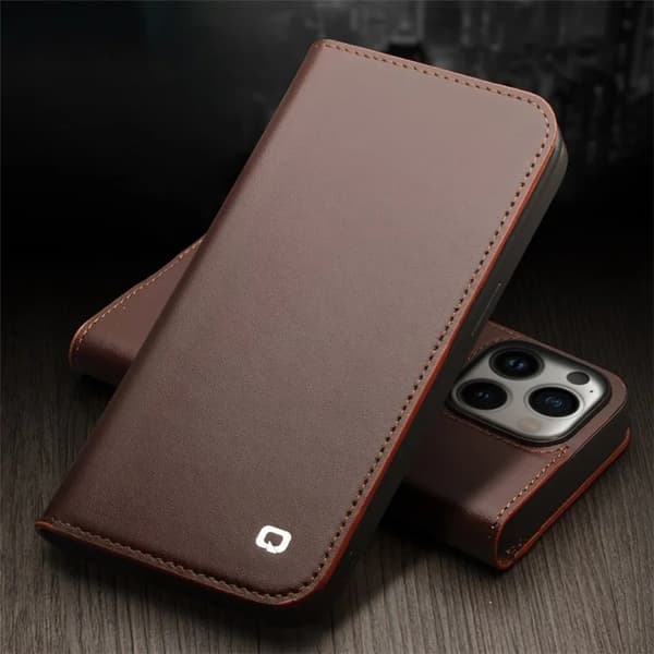 QIALINO iPhone 14 Pro Max Plånboksfodral Äkta läder - Brun Brun