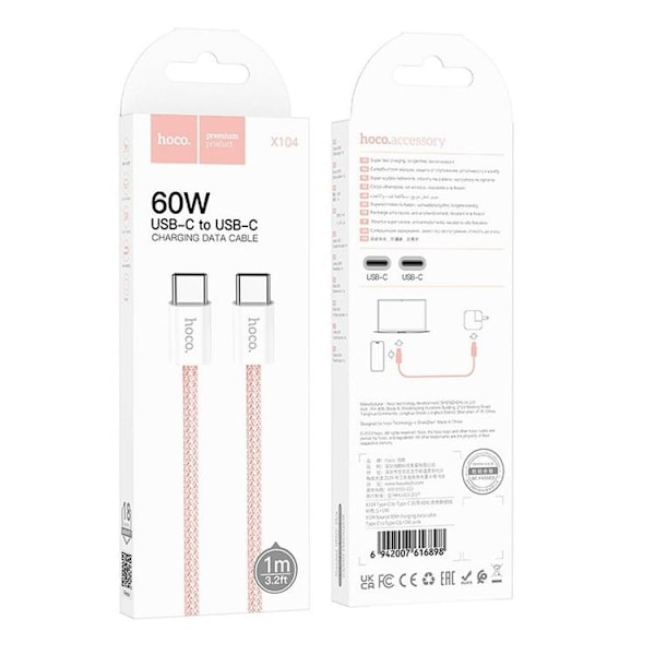 Hoco USB-C till USB-C kabel 1m 60W X104 3A - Rosa