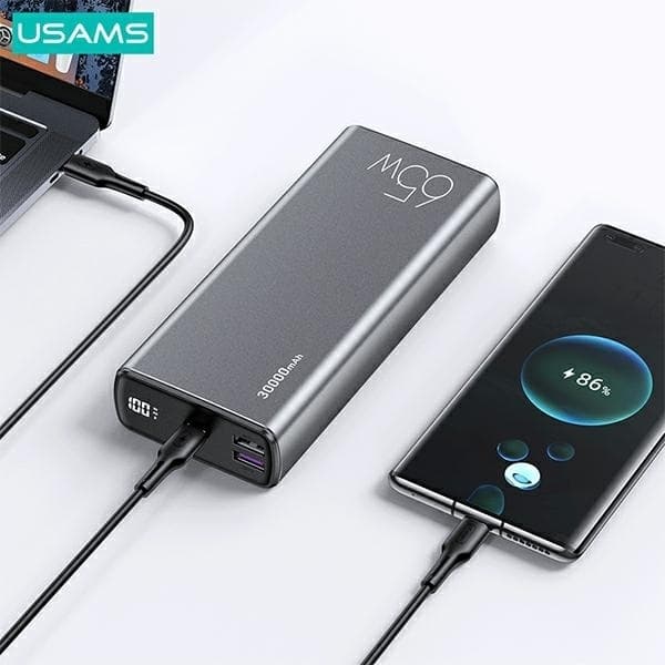 USAMS Powerbank 30000mAh 65W 2xUSB-A 1xUSB-C Med USB-C Kabel Svart