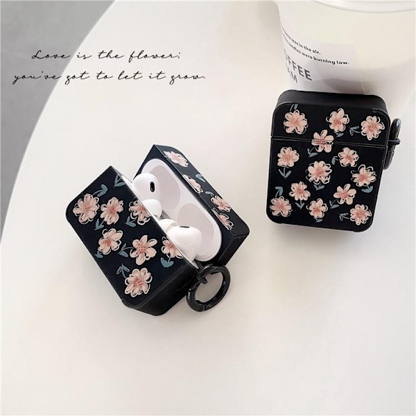 Airpods Pro 2 Skal TPU Läder Floral - Svart/Rosa Svart