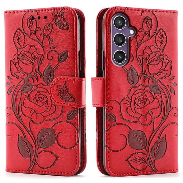 Galaxy S25 Konstläder Plånboksfodral Imprinted Rosa Butterfly Röd