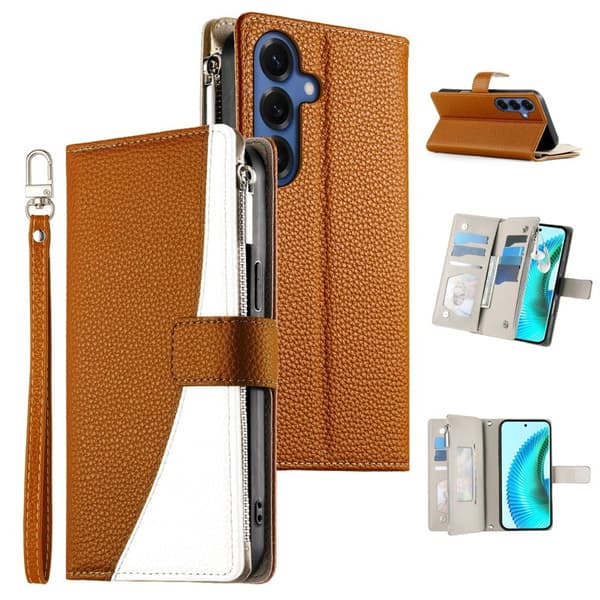 Samsung Galaxy S26 Plus Plånboksfodral Dragkedja Konstläder Flip - Brun