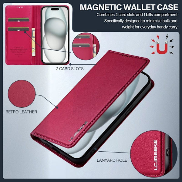 LC.IMEEKE L1 Series iPhone 14 Plus Plånboksfodral Konstläder - Röd