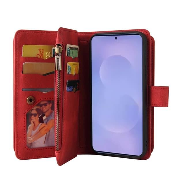 Samsung Galaxy S26 Plus Plånboksfodral Konstläder Dragkedja 15 Kortplatser - Röd