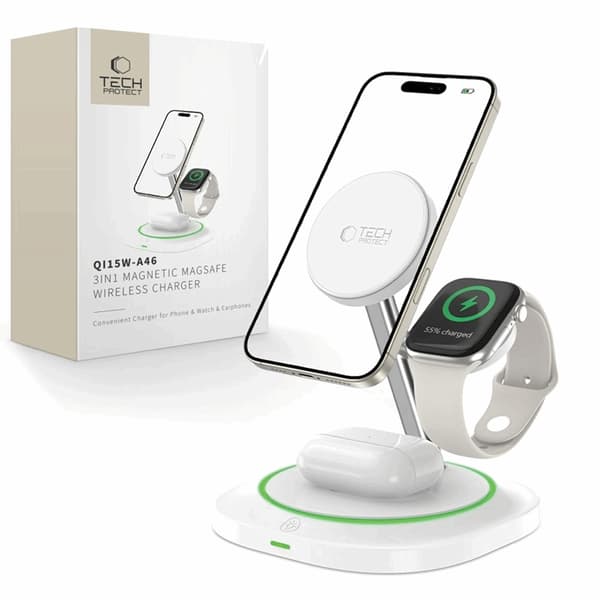 3-i-1 Magsafe trådløs oplader til iPhone Apple Watch AirPods Qi 15W Vit