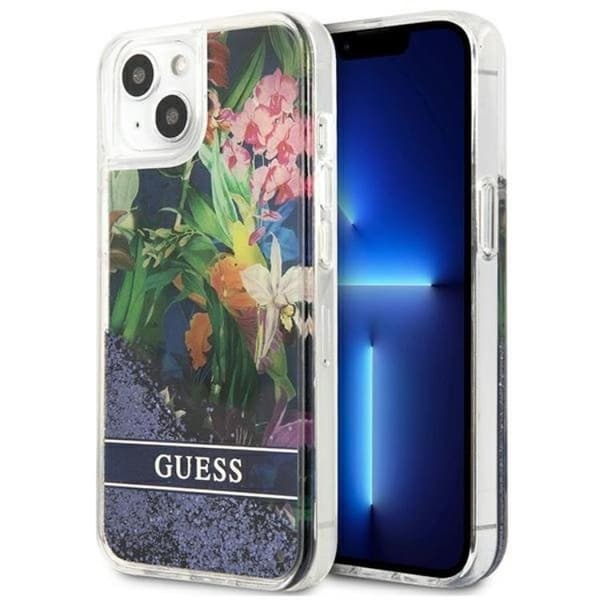 Guess iPhone 13 mini Skal Flower Liquid Glitter - Blå Blå