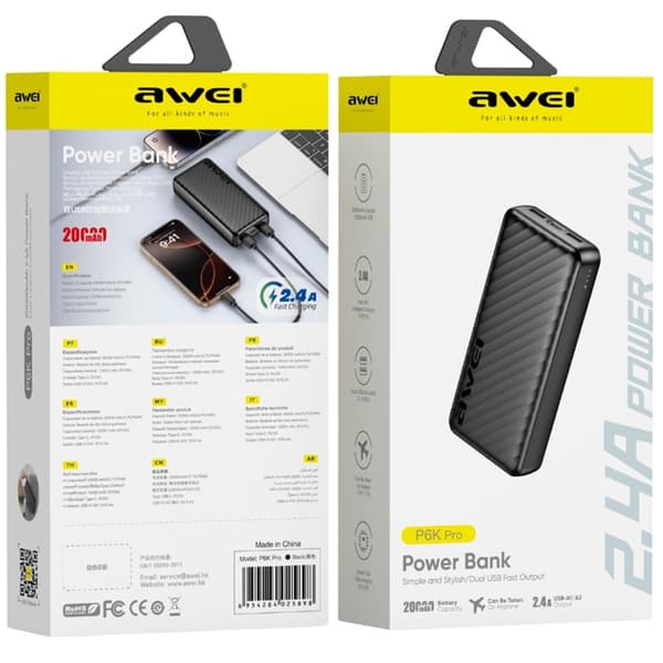 Awei Powerbank 20000mAh 2xUSB-A 1xUSB-C P6K Pro - Svart
