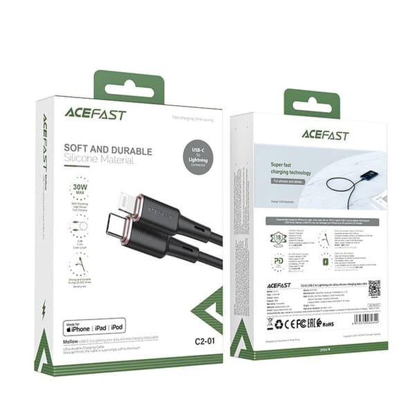 Acefast MFI USB-C till Lightning-kabel 30W 1,2m - Svart Black