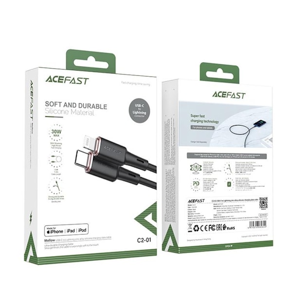 Acefast MFI USB-C till Lightning kabel 30W 1.2m - Svart Svart