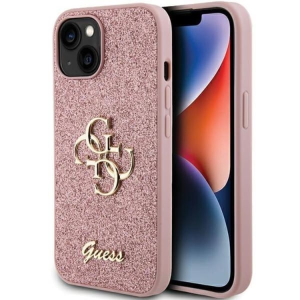 Guess iPhone 15 Plus Mobile Cover Glitter Script Big 4G - vaaleanpunainen