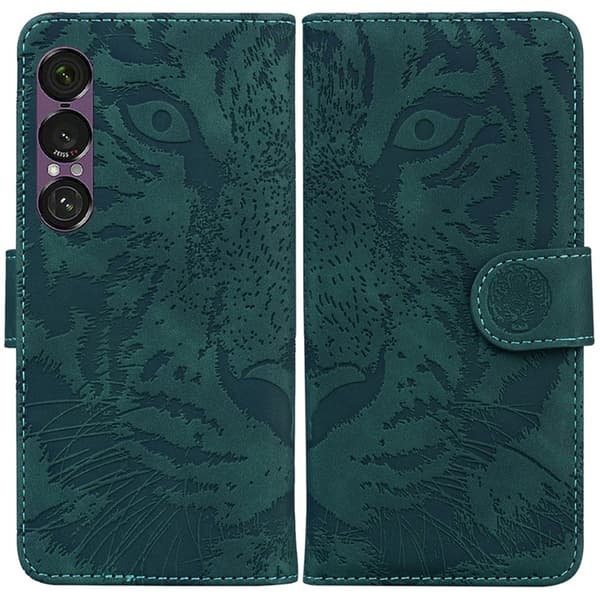 Sony Xperia 1 VII Konstläder Plånboksfodral Tiger Print - Grön Grön