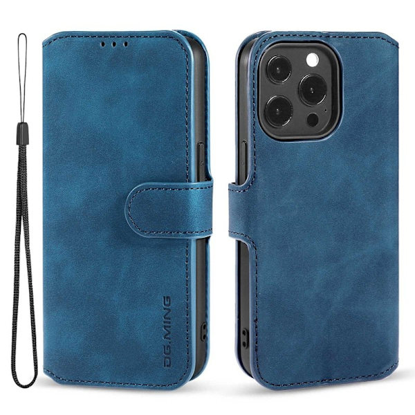 DG.MING iPhone 14 Pro Max Konstläder Plånboksfodral Retro Stil Magnetisk Blå
