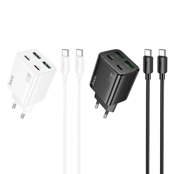Hoco Snabbladdare PD 30W 2xUSB-A 2xUSB-C QC3.0 3A med USB-C Kabel N56 - Vit Vit