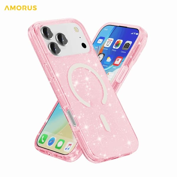 AMORUS Mobilskal till iPhone 17 Pro Max Magsafe Glitter Powder PC + TPU - Rosa Rosa