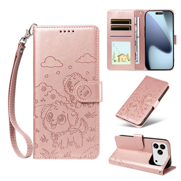 iPhone 17 Pro Konstläder Plånboksfodral RFID-Skydd med handledsrem - Rosa Rosa