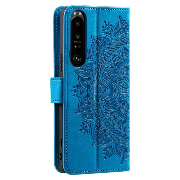 Sony Xperia 1 V tegnebog etui med påtrykt mandala blomst - blå