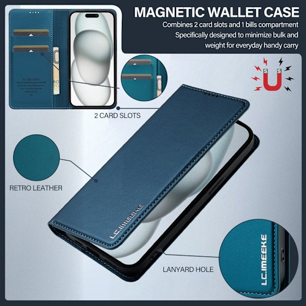 LC.IMEEKE L1 Series iPhone 15 Plus Plånboksfodral Konstläder - Blå