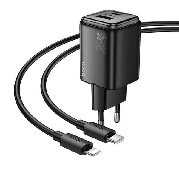 Hoco Hurtigoplader PD 20W USB-A USB-C QC3.0 3A med Lightning-kabel N52 - Sort Svart