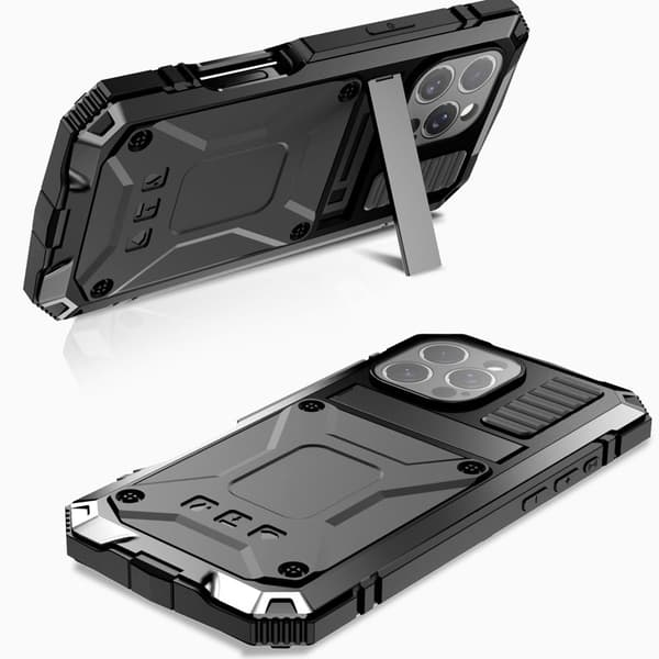 R-JUST Mobilskal till iPhone 16 Pro PC+Silicone+Metal Ställ - Svart