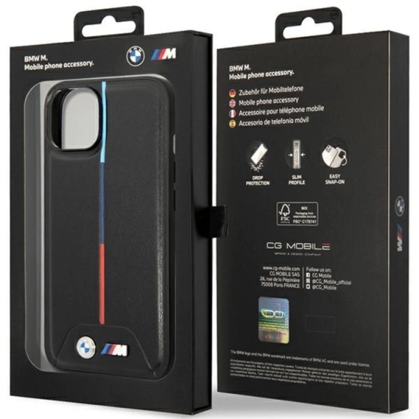 BMW iPhone 15/14/13 matkapuhelinkotelo M tikattu kolmivärinen - musta