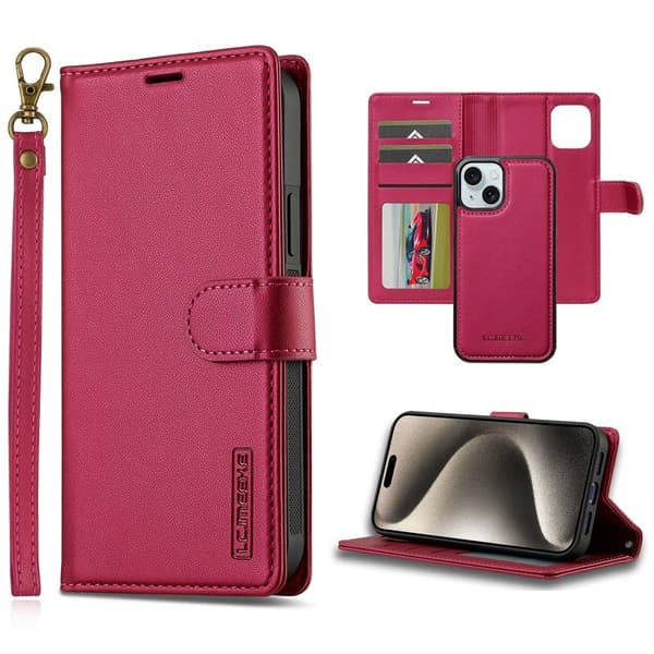 LC.IMEEKE L2 Series iPhone 15 Plus Plånboksfodral Konstläder - Röd