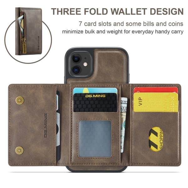 DG.MING iPhone 11 Konstläder Plånboksfodral med kortfickor - Brun