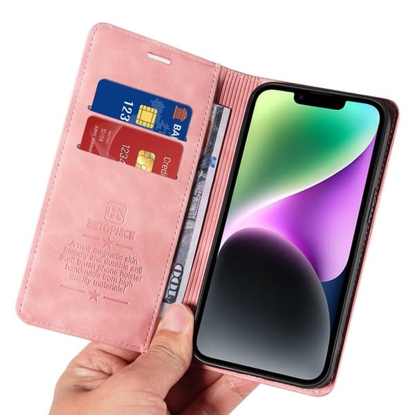 BETOPNICE 003 iPhone 15 Plus Plånboksfodral Konstläder - RFID - Rosa
