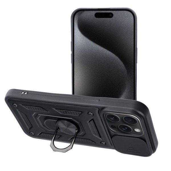 iPhone 15 Plus Mobil Cover Ring Holder Slide Armor - Sort
