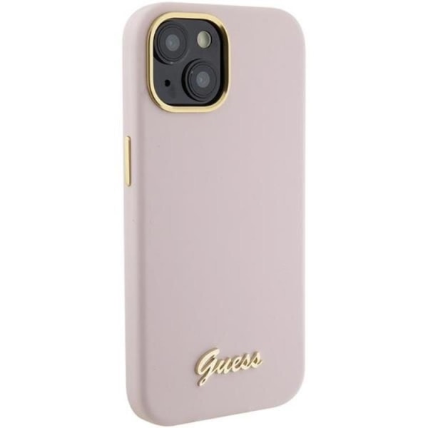 Guess iPhone 15 -puhelinkuori Silikoni Script Metal Logo - Pinkki