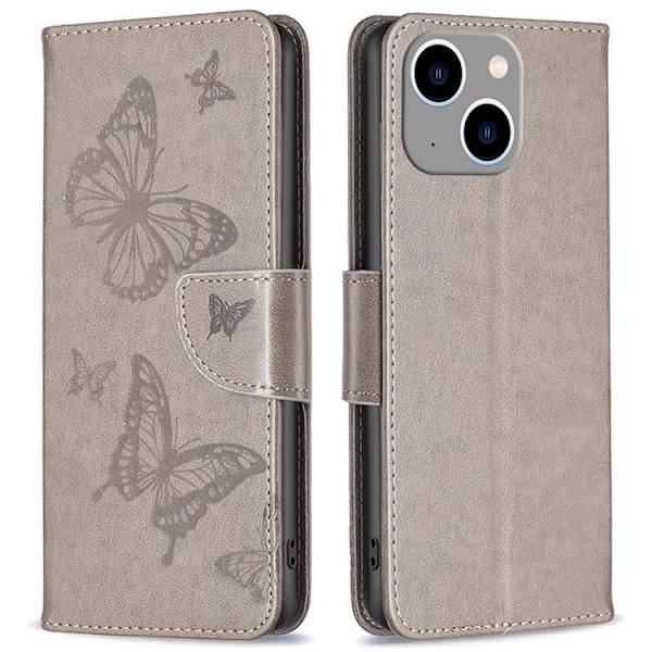 iPhone 14 Max Plånboksfodral Butterflies Imprinted - Grå