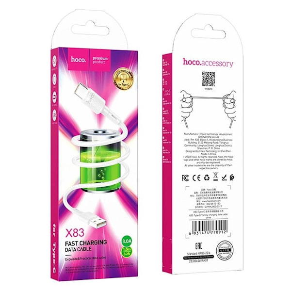 Hoco USB-A - USB-C 63A Kabel 1m X83 - Vit Vit