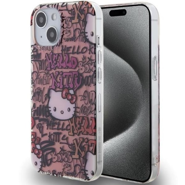 Hello Kitty iPhone 15 Mobilskal IML Tags Graffiti - Rosa
