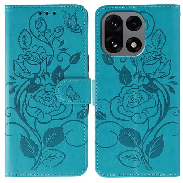 OnePlus 15 5G Konstläder Plånboksfodral Imprinted Rosa Butterfly - Blå Blå
