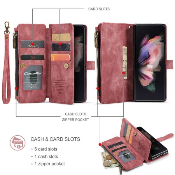 CASEME Galaxy Z Fold 4 lompakkokotelo vetoketjullinen PU-nahkainen teline - R