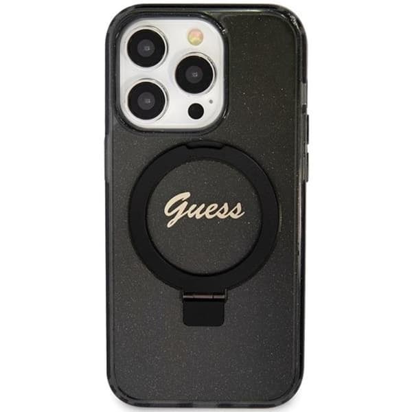Guess iPhone 15 Pro Mobilskal Magsafe Ringställ Script Glitter Black