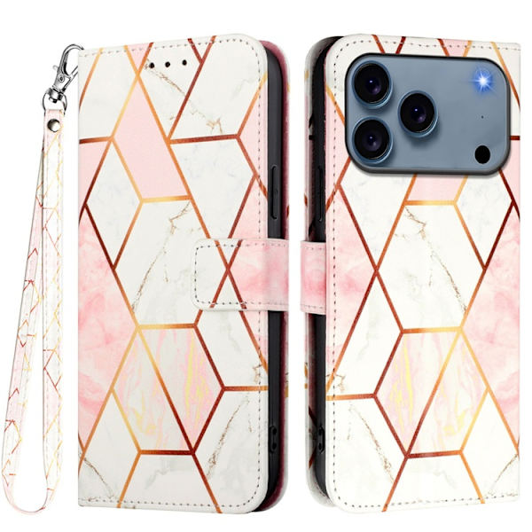 iPhone 17 Pro Plånboksfodral Marble Pattern med Rem LS002 Rosa