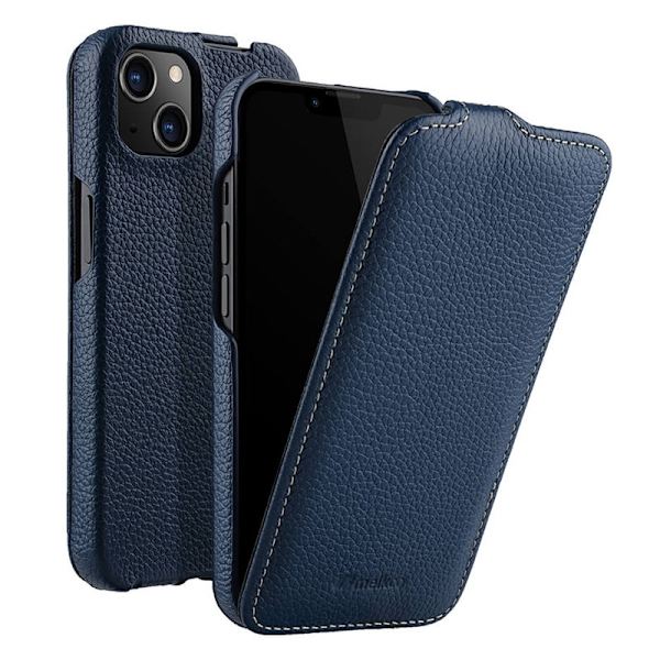 MELKCO Mobilskal till iPhone 13 mini Äkta Läder + PC Vertikal Flip Blå