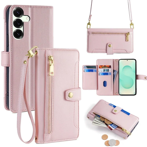 Galaxy S25 Plus Konstläder Plånboksfodral med 2 Rem - Rosa Rosa