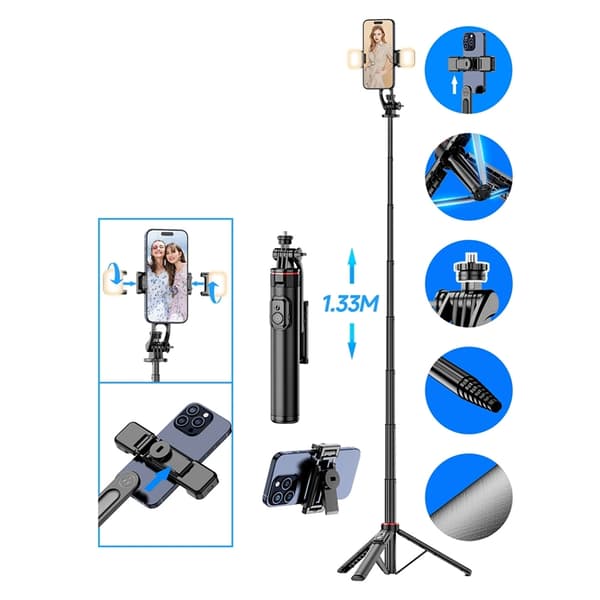 Selfiestick Teleskopstativ 1.3m Auminiumlegering Med Dubbel Lampa