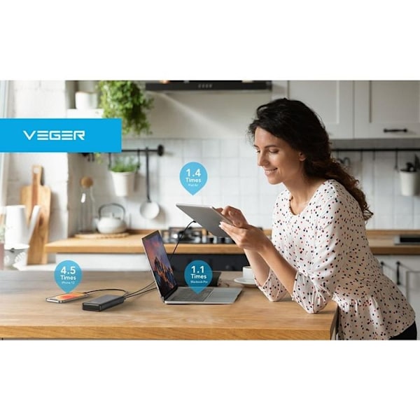 VEGER Powerbank 20000 mAh 100W PD QC 3.0 5A T100 - Svart
