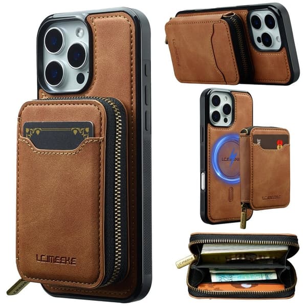 LC.IMEEKE L6 iPhone 16 Pro Plånboksfodral Konstläder - Brun