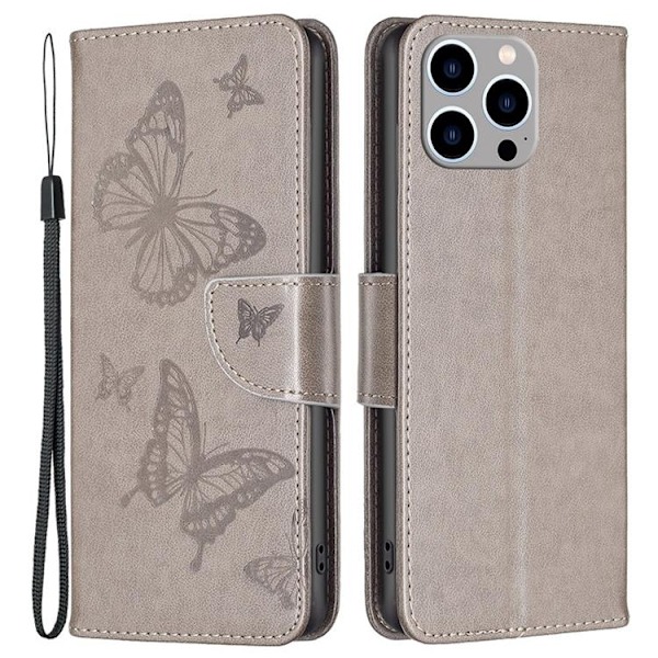 iPhone 14 Pro Plånboksfodral Butterflies Imprinted - Grå