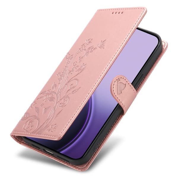 Samsung Galaxy S26 Plus Plånboksfodral Konstläder Blomtryck - Roséguld