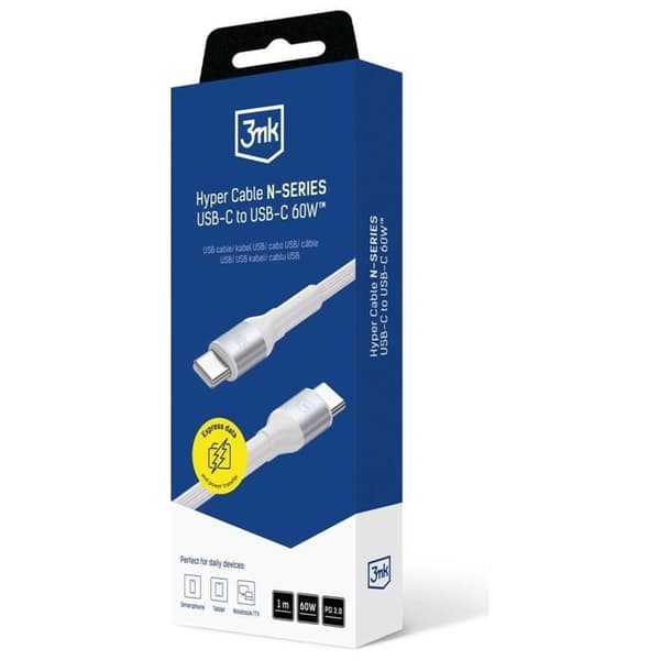 3MK USB-C til USB-C 60W Kabel 20V/3A 1m N-SERIE Hyper - Hvid Vit