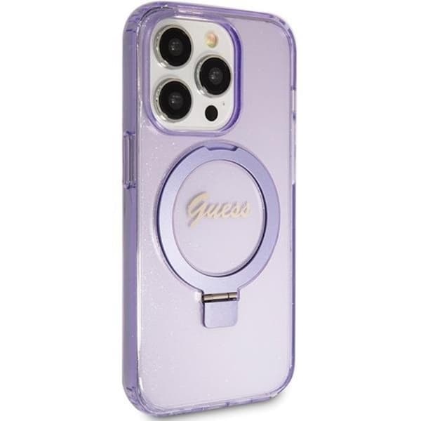 Guess iPhone 15 Pro Max -puhelinkotelo Magsafe Script Glitter Lila