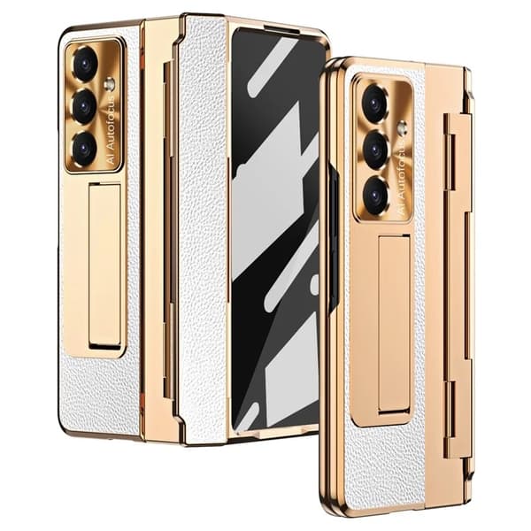 Mobilskal till Galaxy Z Fold7 5G läder + PC Kickstand - Guld+Vit Guld