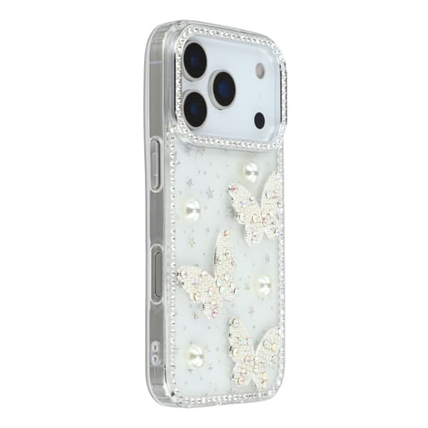 Mobilskal till iPhone 17 Pro Rhinestone Edge Pearl Butterfly Transparent