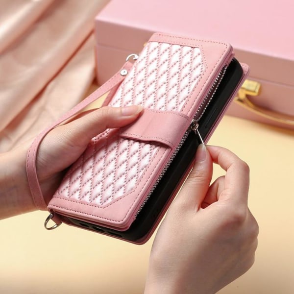 iPhone 14 Pro Wallet Case Rhombus - vaaleanpunainen