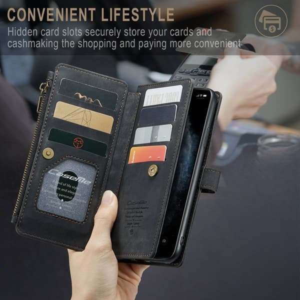 CASEME Konstläder Plånboksfodral för iPhone 11 Pro Max med rem - Svart