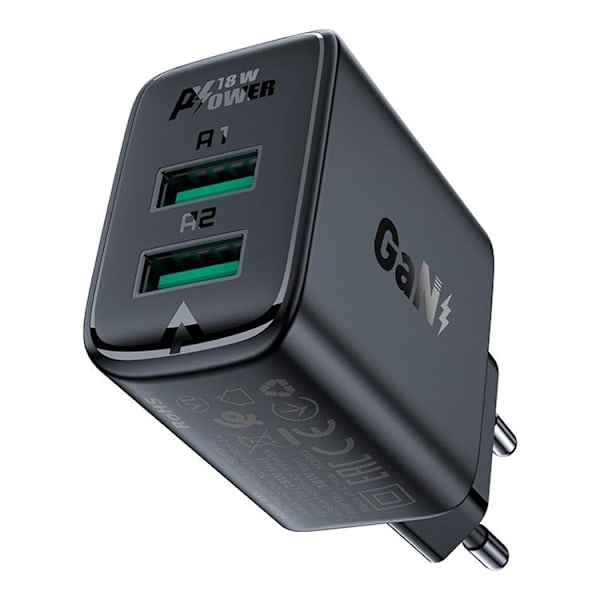 Acefast Väggladdare 2x USB 18W - Svart Svart
